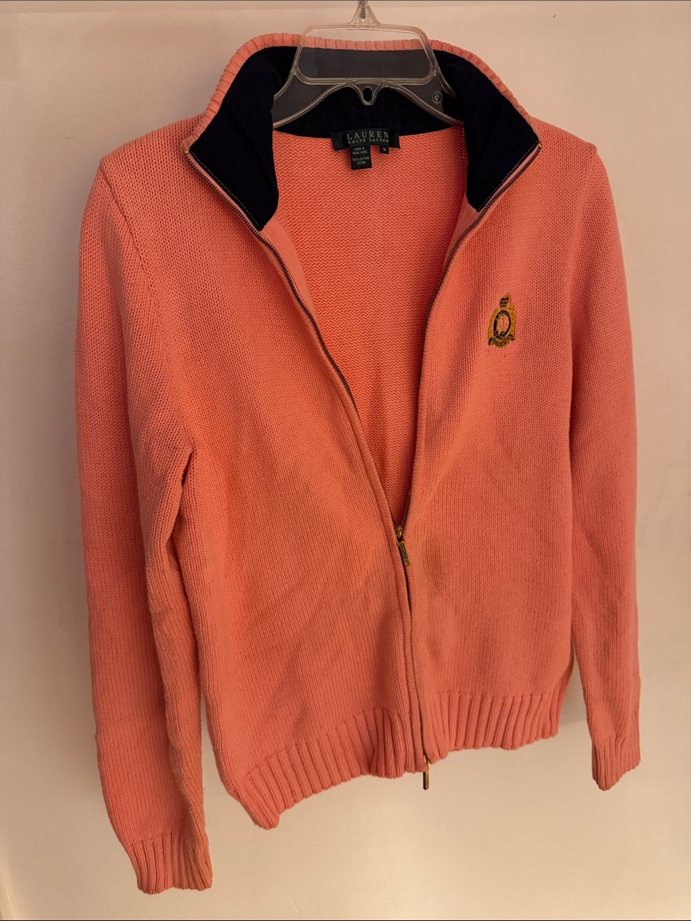 Lauren Ralph Lauren Coral Zip-Front Knit Cardigan with Navy Trim
